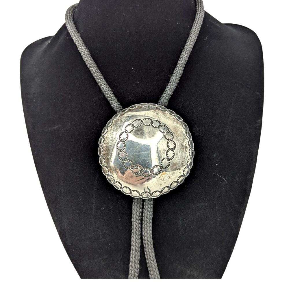 Tested Silver Bolo Tie Round Tooled Medallion Hand Etched